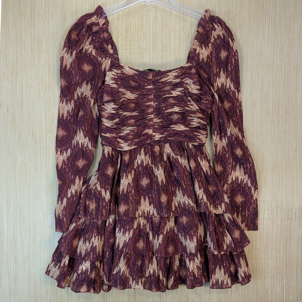 House of Harlow 1960 Burgundy Tiered Ruffle Mini Dress Medium Boho Indie Fairy - Picture 3 of 8